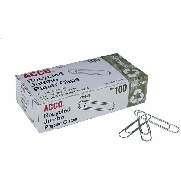 ACCO Recycled Paper Clips - Jumbo - 1.57" (39.75 mm) Length - 20 Sheet Capacity - Reusable, Durable - Silver - Metal - 100 / Box
