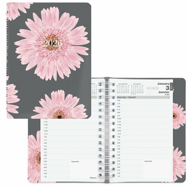 Blueline Pink Daisy Daily Planner, 8" x 5" , Bilingual - Daily - 12 Month - January 2026 to December 2026 - 7:00 AM to 7:30 PM - Half-hourly - 1 Day Single Page Layout - 8" (203.20 mm) x 5" (127 mm) Sheet Size - Twin Wire - Pink Daisy - Paper - Pink Cover