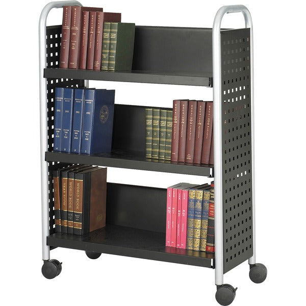 Safco Scoot Single Sided Book Cart - 3 Shelf - 4 Casters - 3" (76.20 mm) Caster Size - Steel - 33" (838.20 mm) Width x 14.3" (361.95 mm) Depth x 44.3" (1123.95 mm) Height - Black, Silver - 1 Each