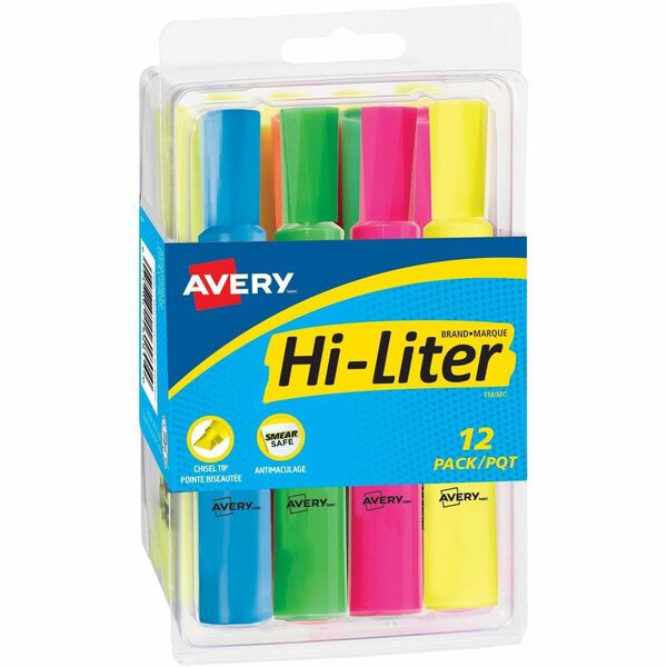 Avery&reg; Desk Style HI-LITER&reg;, Assorted Colours, 12/pk - Chisel Marker Point Style - Assorted - 12 / Pack