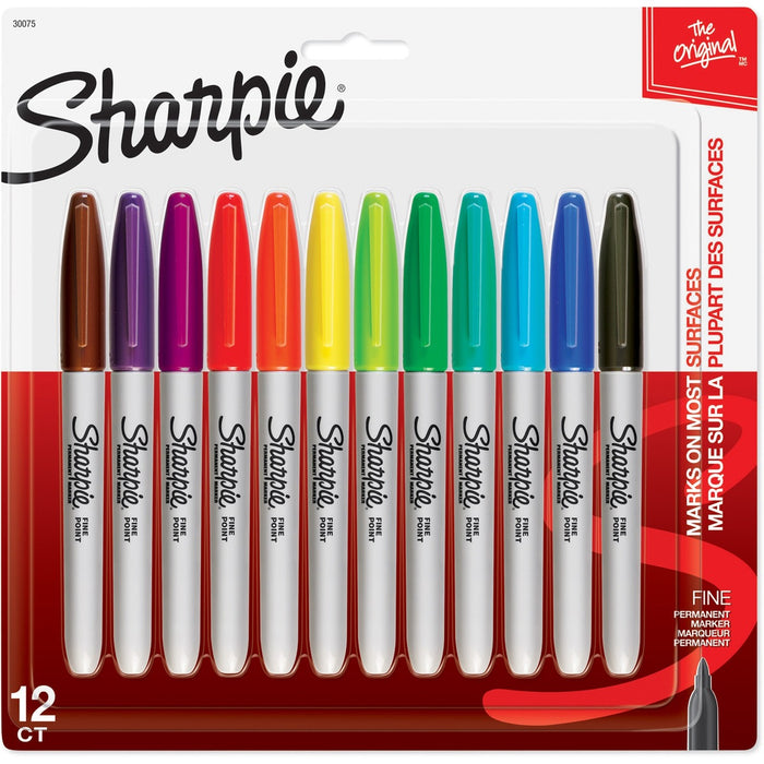 Sharpie Permanent Fine Point Marker - Assorted Ink - Alcohol Based - 12 / Pack
