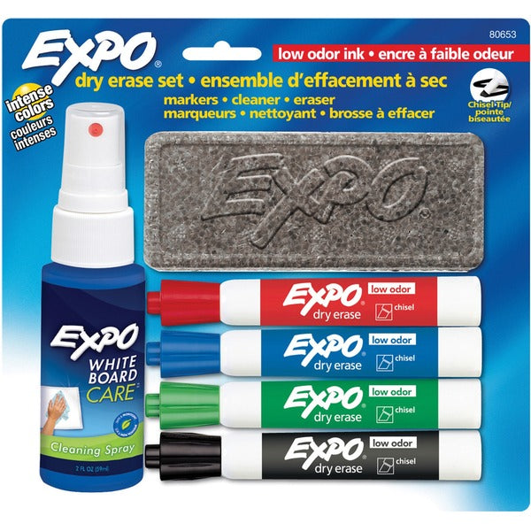 Expo&reg; Low Odour Dry Erase Starter Sets - Chisel Marker Point Style - Black, Blue, Red, Green - 1 / Set