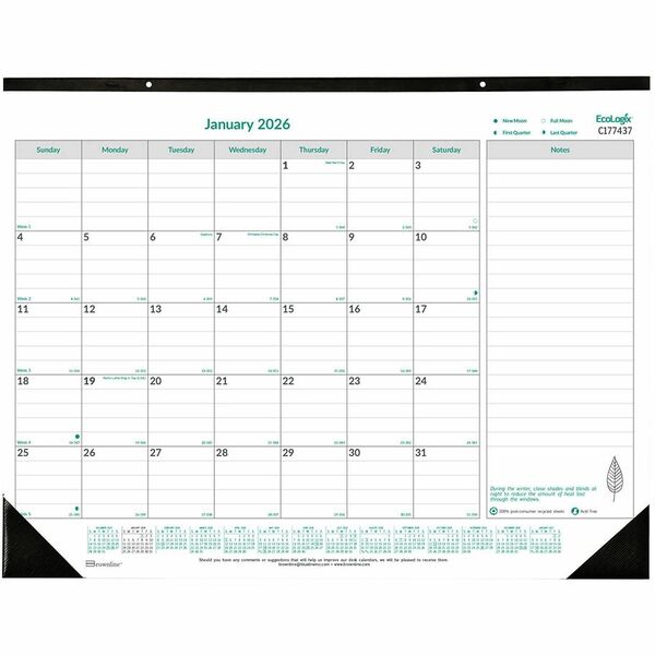 Blueline EcoLogix Monthly Desk Pad Calendar, 22" x 17" , English - Monthly - 12 Month - January 2026 to December 2026 - 1 Month Single Page Layout - 22" (558.80 mm) x 17" (431.80 mm) Sheet Size - Desk Pad - Chipboard, Cardboard - 1 Each