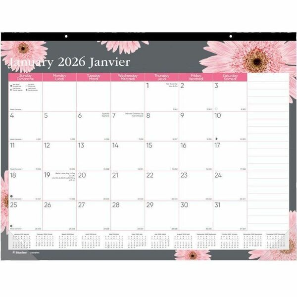 Blueline Pink Daisy Monthly Desk Pad Calendar, 22" x 17" , Bilingual - Monthly, Yearly - 12 Month - January 2026 to December 2026 - 1 Month Single Page Layout - 17" (431.80 mm) x 22" (558.80 mm) Sheet Size - 2 x Holes - Desk Pad - Clear - Vinyl, Chipboard