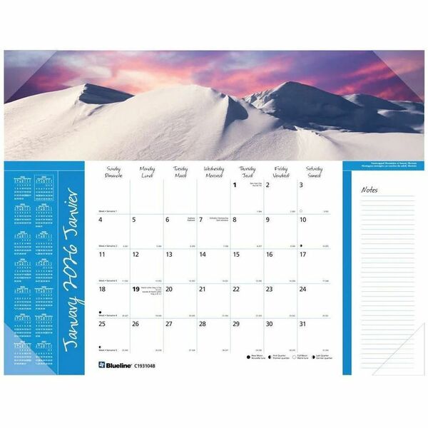 Blueline World Panoramas Monthly Desk Pad Calendar, 22" x 17" , Bilingual - Monthly - 12 Month - January 2026 to December 2026 - 1 Month Single Page Layout - 17" (431.80 mm) x 22" (558.80 mm) Sheet Size - Desk Pad - Vinyl, Chipboard, Cardboard - Bilingual