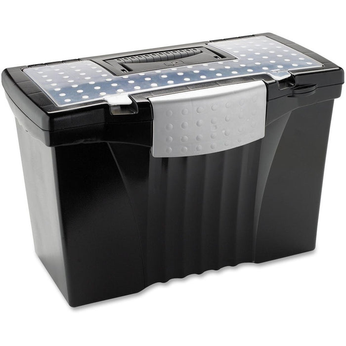 Storex Supply Compartment Plastic File Box - External Dimensions: 9" (228.60 mm) Width x 11.5" (292.10 mm) Depth x 17" (431.80 mm) Height - Media Size Supported: Letter, Legal - Heavy Duty - Plastic - Black - For Document - Yes