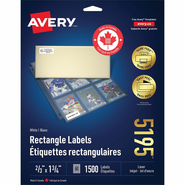 White Rectangle Labels with Sure Feed™ Technology Easy Peel&reg;, 2/3" x 1-3/4" , Permanent Adhesive, for Laser and Inkjet Printers - 3/5" (15.24 mm) Height x 1 3/4" (44.45 mm) Width - Permanent Adhesive - Rectangle - Laser, Inkjet - Matte White - P