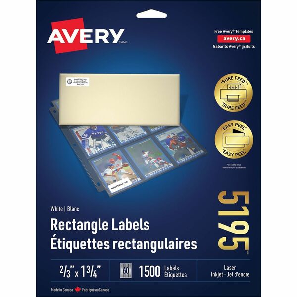 Avery&reg; White Rectangle Labels with Sure Feed&trade; Technology Easy Peel&reg;, ?" x 1¾" , for Laser and Inkjet Printers - 2/3" Height x 1 3/4" Width - Permanent Adhesive - Rectangle - Laser - White - Paper - 60 / Sheet - 25 Total Sheets - 1500 Total L