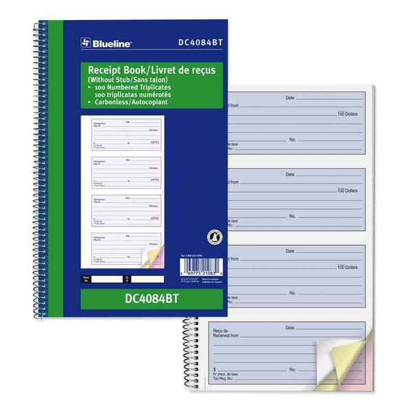 Blueline NCR Receipt Book - 100 Sheet(s) - Spiral Bound - Carbonless Copy - 6 39/64" (16.8 cm) x 10 5/8" (27 cm) Sheet Size - Blue Cover - 1 Each