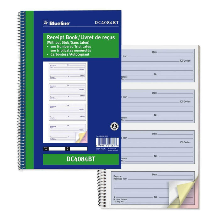 Blueline NCR Receipt Book - 100 Sheet(s) - Spiral Bound - Carbonless Copy - 6 39/64" (16.8 cm) x 10 5/8" (27 cm) Sheet Size - Blue Cover - No - 1 Each