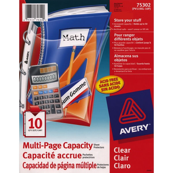 Avery&reg; Multi-Page Capacity Sheet Protectors 8½" x 11" - 50 x Page, Sheet Capacity - For Letter 8 1/2" (215.90 mm) x 11" (279.40 mm) Sheet - 3 x Holes - Ring Binder - Rectangular - Clear - Polypropylene - 10 / Pack