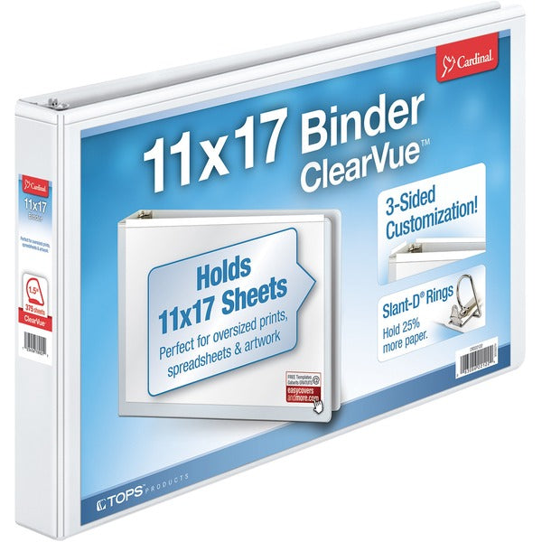 Cardinal ClearVue Overlay Tabloid D-Ring Binders - 1 1/2" Binder Capacity - Tabloid - 11" x 17" Sheet Size - 375 Sheet Capacity - 1 45/64" Spine Width - 3 x D-Ring Fastener(s) - Vinyl - White - 1.13 kg - Recycled - Clear Overlay, Non Locking Mechanism - 1