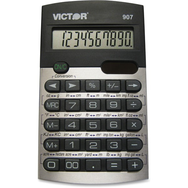 Victor 907 Metric Conversion Calculator - 20 Functions - 10 Digits - Battery/Solar Powered - 0.4" (9.52 mm) Height x 2.6" (66.68 mm) Width x 4.5" (114.30 mm) Depth - Black, Silver - 1 Each