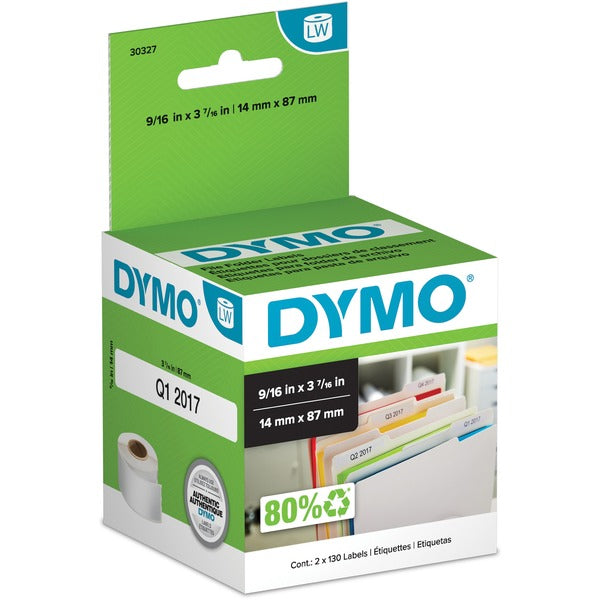Dymo 30327 Labelwriter File Folder Labels - x 9/16" (14.22 mm) Width x 3 7/16" (87.12 mm) Length - Roll - Direct Thermal - White - 130 / Roll - 2 / Box