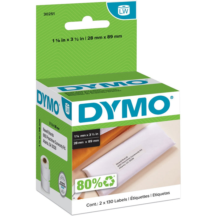 Dymo White Address Labels - 3 1/2" (88.90 mm) Width x 1 1/8" (28.45 mm) Length - Permanent Adhesive - Rectangle - Direct Thermal - White - Paper - 130 / Roll - 1 Box