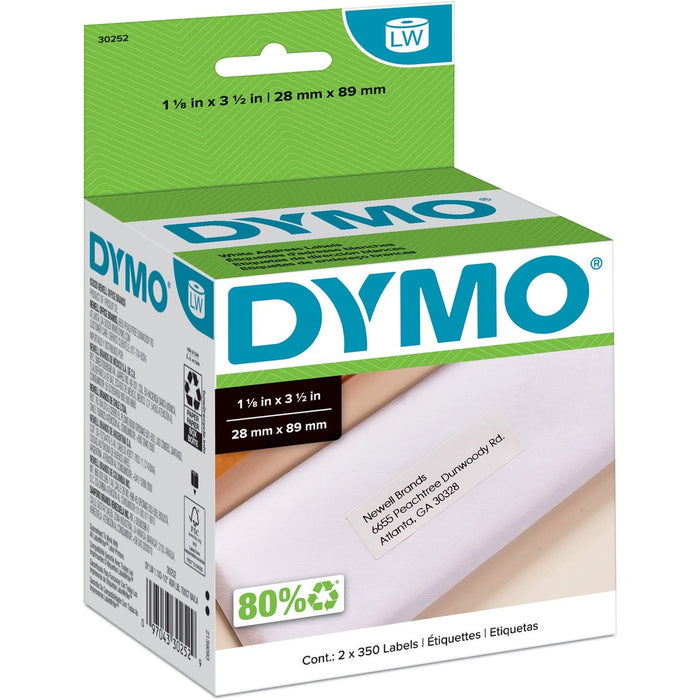 Dymo LabelWriter Address Labels - 1 1/8" (28.45 mm) Width x 3 1/2" (88.90 mm) Length - White - Paper - 350 / Roll - 2 / Box