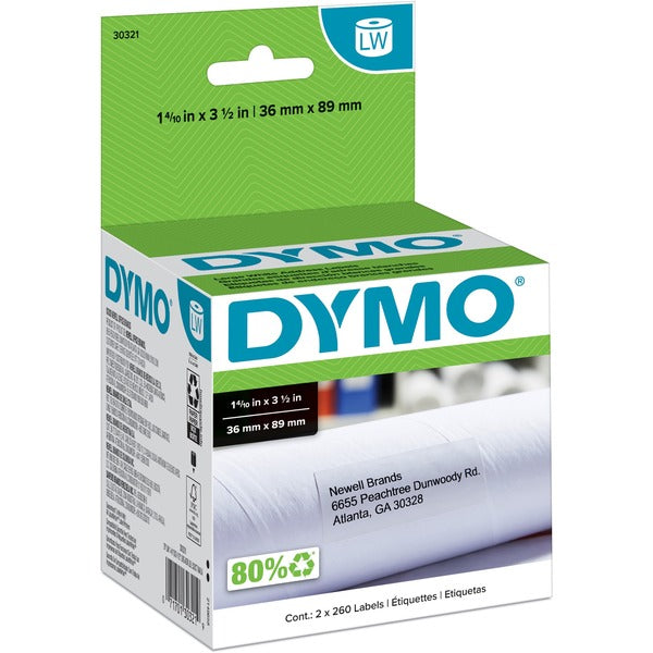 Dymo Large Address Labels - 1 2/5" (35.56 mm) Width x 3 1/2" (88.90 mm) Length - Rectangle - Inkjet - White - 260 / Roll - 2 / Box