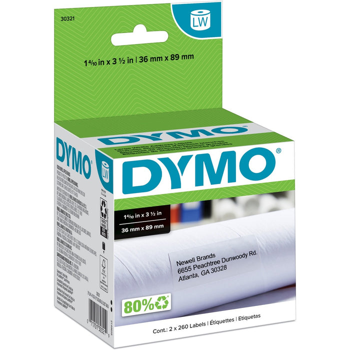 Dymo Large Address Labels - 1 2/5" (35.56 mm) Width x 3 1/2" (88.90 mm) Length - Rectangle - Inkjet - White - 260 / Roll - 520 / Box