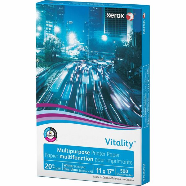 Xerox Vitality Multipurpose Printer Paper - White - 92 Brightness - 90% Opacity - 11" (279.40 mm) x 17" (431.80 mm) - 20 lb (9071.85 g) Basis Weight - Jam-free, ColorLok Technology - White - 500 / Ream