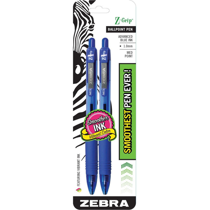 Zebra Z-Grip Retractable Ball Point Pen Medium Point - Retractable - Blue Ink - Blue Barrel - Writing - 2 / Pack