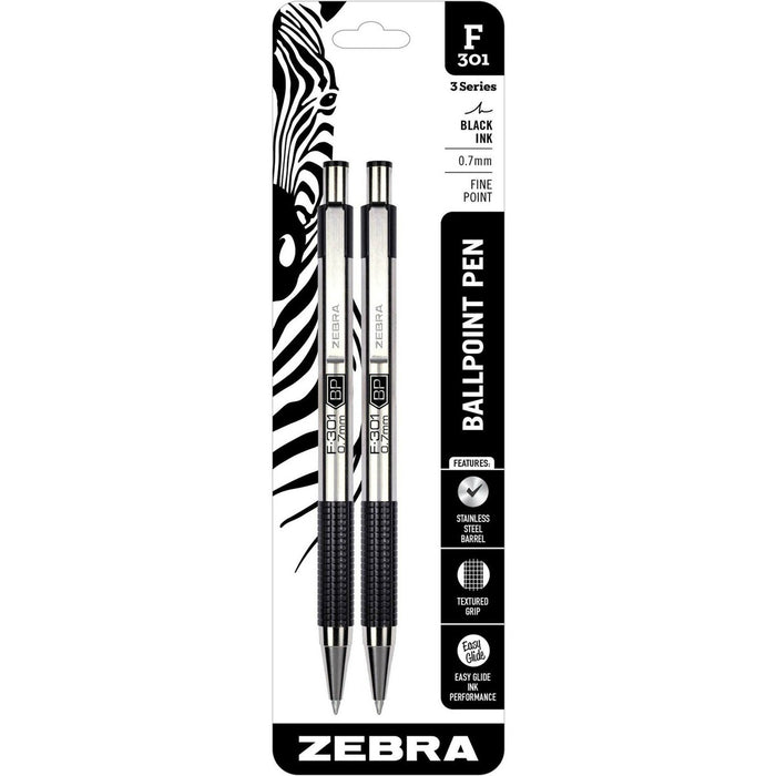 Zebra STEEL 3 Series F-301 Retractable Ballpoint Pen - Refillable - Retractable - Black Ink - Stainless Steel Barrel - 2 / Pack