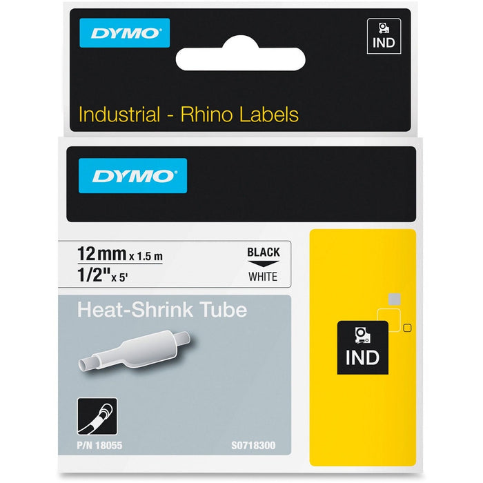Dymo White Heat Shrink Tube - 15/32" (12 mm) Width x 59 1/16" (1500 mm) Length - Removable Adhesive - Rectangle - Thermal Transfer - Black on White, Black - Vinyl - 1 Each
