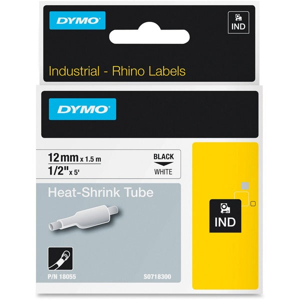 Dymo White Heat Shrink Tube - 15/32" (12 mm) Width x 59 1/16" (1500 mm) Length - Rectangle - Thermal Transfer - Black on White, Black - Vinyl - Easy Peel, Removable - 1 Each