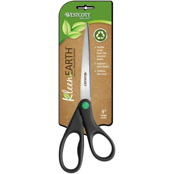 Westcott KleenEarth 9" Straight Scissors - 3.75" (95.25 mm) Cutting Length - 9" (228.60 mm) Overall Length - Straight-left/right - Stainless Steel - Pointed Tip - Black - 1 Each