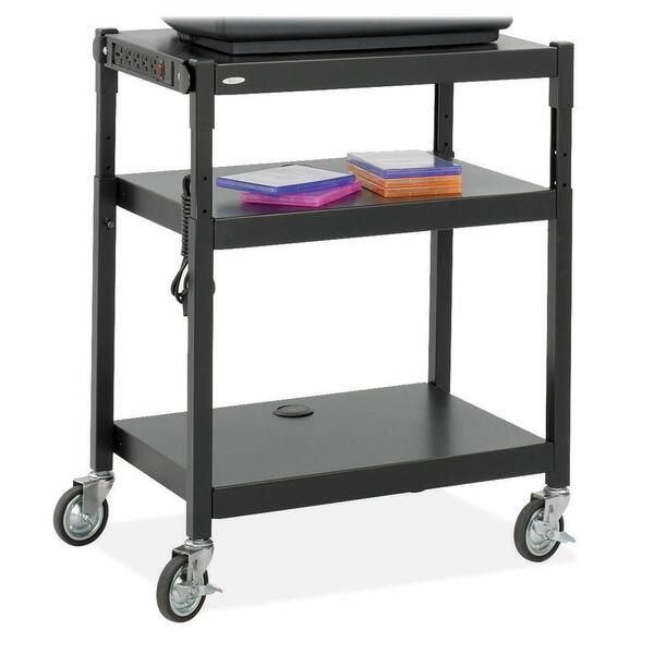 Safco Adjustable Height A/V Cart - Up to 20" Screen Support - 120 lb (54431.08 g) Load Capacity - 3 x Shelf(ves) - 36.50" (927.10 mm) Height x 27.25" (692.15 mm) Width x 18.25" (463.55 mm) Depth - Floor Stand - Powder Coated - Steel - Black