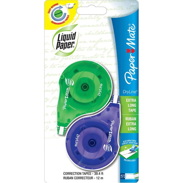 Paper Mate Liquid Paper DryLine Correction Tape - 0.20" (5.08 mm) Tape Width x 39.3 ft (11.99 m) Tape Length - 1 Line(s) - White Tape - Blue Dispenser - Non-refillable, Tear Resistant, Break Resistant - Blue - 2 / Pack