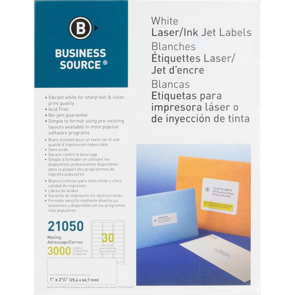 Business Source Bright White Premium-quality Address Labels - 1" (25.40 mm) Width x 2 5/8" (66.68 mm) Length - Permanent Adhesive - Rectangle - Laser, Inkjet - White - Jam-free - 30 / Sheet - 100 Total Sheets - 3000 / Pack