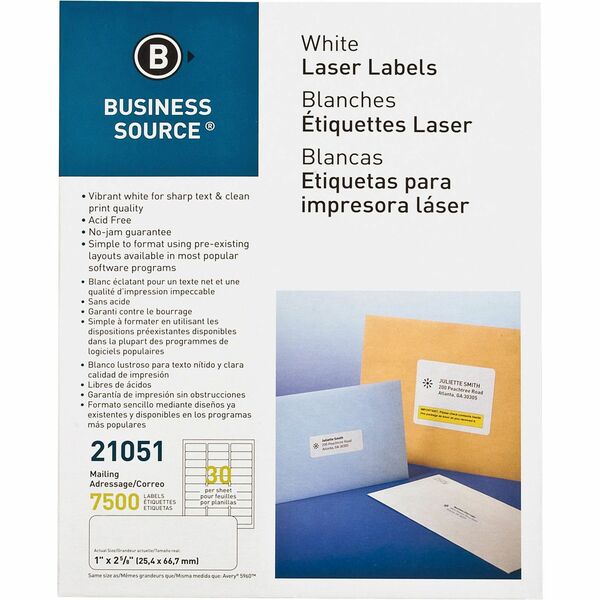 Business Source Bright White Premium-quality Address Labels - 1" (25.40 mm) Width x 2 5/8" (66.68 mm) Length - Permanent Adhesive - Rectangle - Laser, Inkjet - White - 30 / Sheet - 250 Total Sheets - Jam-free - 7500 / Pack