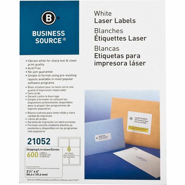 Business Source Bright White Premium-quality Address Labels - 3 1/3" (84.67 mm) Width x 4" (101.60 mm) Length - Permanent Adhesive - Rectangle - Laser, Inkjet - White - Jam-free - 6 / Sheet - 100 Total Sheets - 600 / Pack