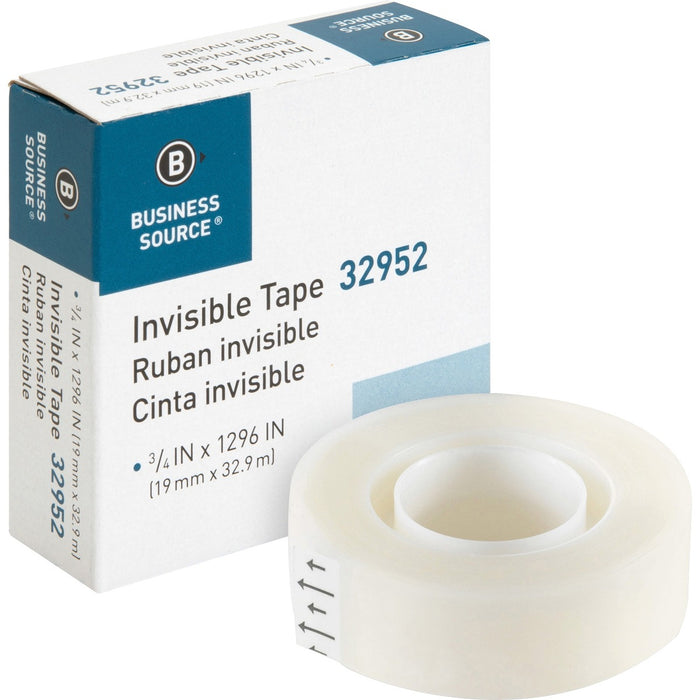 Business Source Invisible Tape Dispenser Refill Roll - 36 yd (32.9 m) Length x 0.75" (19 mm) Width - 1" (25.40 mm) Core - Clear - For Mending, Splicing, Holding - 1 Roll