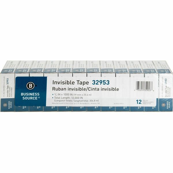 Business Source Premium Invisible Tape Value Pack - 27.8 yd (25.4 m) Length x 0.75" (19 mm) Width - 1" (25.40 mm) Core - Clear - For Multipurpose, Splicing, Mending, Holding - 12 / Pack