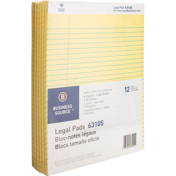 Business Source Micro-Perforated Legal Ruled Pads - 50 Sheets - 0.34" (8.64 mm) Ruled - 16 lb (7257.48 g) Basis Weight - 8 1/2" (215.90 mm) x 11 3/4" (298.45 mm) Sheet Size - Canary Paper - Micro Perforated, Easy Tear, Sturdy Back - 1 Dozen