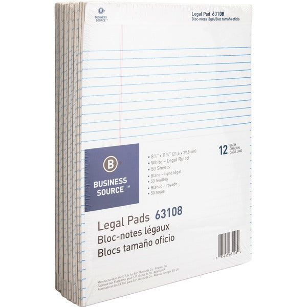 Business Source Micro-Perforated Legal Ruled Pads - 50 Sheets - 0.34" (8.64 mm) Ruled - 16 lb (7257.48 g) Basis Weight - 8 1/2" (21.59 cm) x 11 3/4" (29.85 cm) Sheet Size - White Paper - Micro Perforated, Easy Tear, Sturdy Back - 1 Dozen