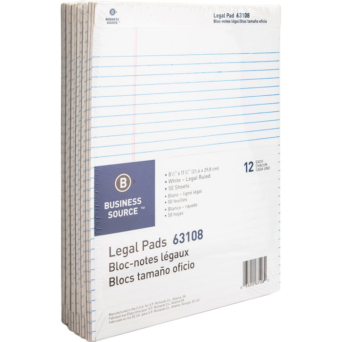 Business Source Micro-Perforated Legal Ruled Pads - 50 Sheets - 0.34" (8.64 mm) Ruled - 16 lb (7257.48 g) Basis Weight - 8 1/2" (21.59 cm) x 11 3/4" (29.85 cm) Sheet Size - White Paper - Micro Perforated, Easy Tear, Sturdy Back - No - 1 Dozen