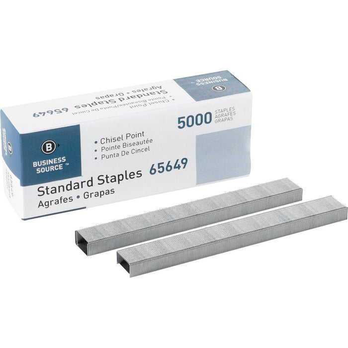Business Source Standard Staples - 1/4" (6.35 mm) Leg - 1/2" (12.70 mm) Crown - Holds 30 Sheet(s) - Chisel Point - Silver - 210 Per Strip - 5000 / Box