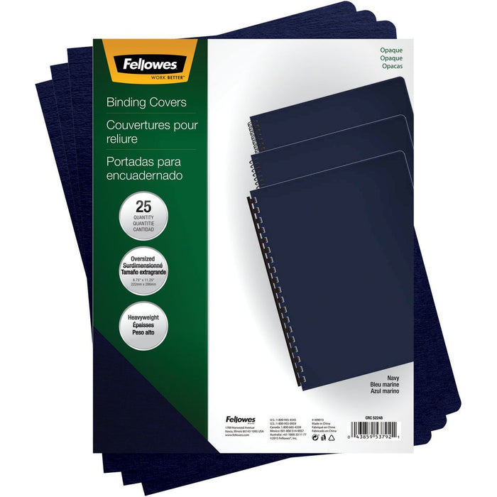 Fellowes Futura™ Presentation Covers - Oversize, Navy, 25 pack - 11.3" (285.8 mm) Height x 8.8" (222.3 mm) Width x 0.1" (1.5 mm) Depth - For 8 3/4" (222.25 mm) x 11 1/4" (285.75 mm) Sheet - Rectangular - Navy - Polypropylene - 25 / Pack