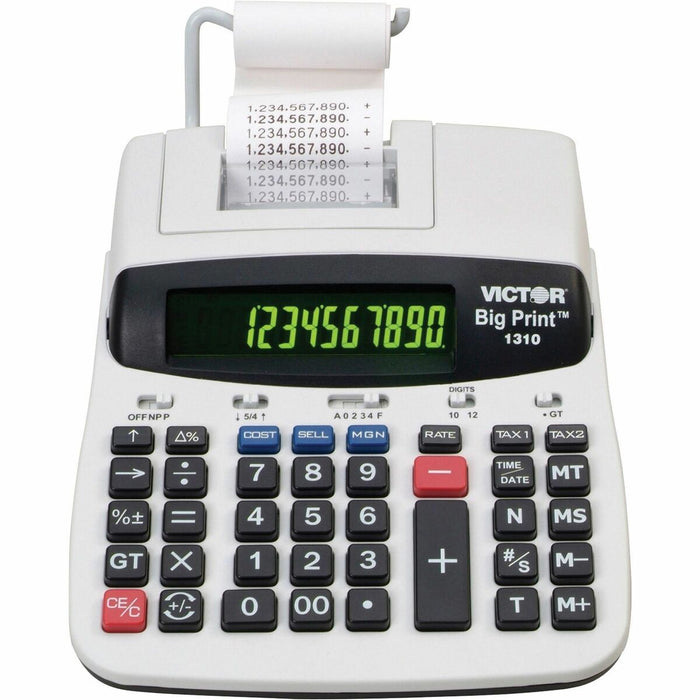 Victor 1310 Printing Calculator - Thermal - Black Print - 9 lps - Date, Clock, Independent Memory - 12 Digits - LED - AC Supply Powered - 7.5" (190.50 mm) Height x 2.2" (55.88 mm) Width x 9.5" (241.30 mm) Length - White - 1 Each