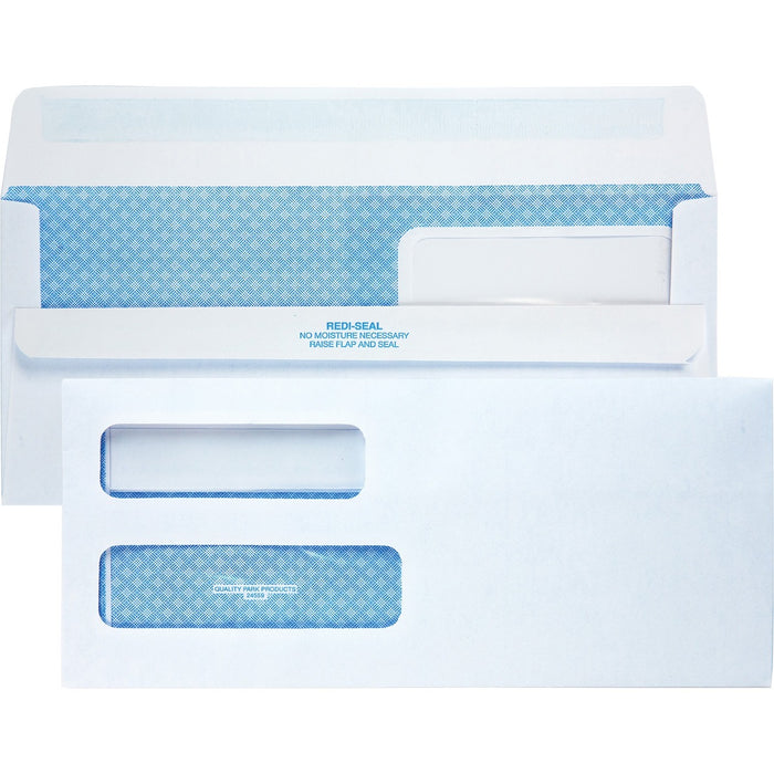 Quality Park No. 10 Double Window Security Tint Business Envelopes with Self-Seal Closure - Security - #10 - 4 1/8" (104.65 mm) Width x 9 1/2" (241.30 mm) Length - 24 lb (10886.22 g) - Gummed - White - Wove - 500 / Box