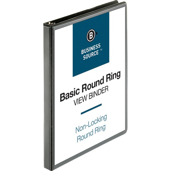 Business Source Round-ring View Binder - 1/2" (12.70 mm) Binder Capacity - Letter - 8 1/2" (215.90 mm) x 11" (279.40 mm) Sheet Size - 125 Sheet Capacity - Fastener(s): Round Ring - Pocket(s): 2, Internal - Polypropylene - Black - Wrinkle-free, Gap-free Ri