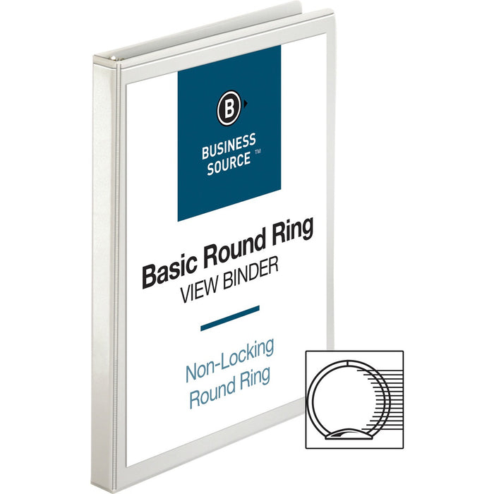 Business Source Round-ring View Binder - 1/2" (12.70 mm) Binder Capacity - Letter - 8 1/2" (215.90 mm) x 11" (279.40 mm) Sheet Size - 125 Sheet Capacity - Fastener: Round Ring - Pocket: 2, Internal - Polypropylene - White - Wrinkle-free, Gap-free Ring, Cl