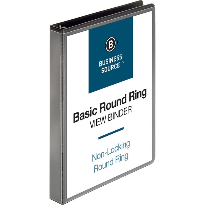 Business Source Round-ring View Binder - 1" (25.40 mm) Binder Capacity - Letter - 8 1/2" (215.90 mm) x 11" (279.40 mm) Sheet Size - 225 Sheet Capacity - Fastener: Round Ring - Pocket: 2, Internal - Polypropylene, Chipboard - Black - Wrinkle-free, Gap-free