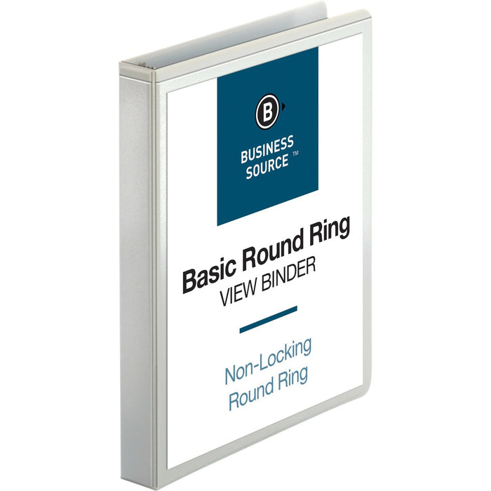 Business Source Round-ring View Binder - 1" (25.40 mm) Binder Capacity - Letter - 8 1/2" (215.90 mm) x 11" (279.40 mm) Sheet Size - 225 Sheet Capacity - Fastener: Round Ring - Pocket: 2, Internal - Polypropylene, Chipboard - White - Wrinkle-free, Gap-free