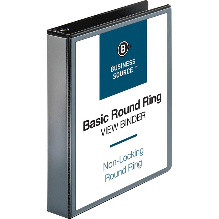 Business Source Round-ring View Binder - 1 1/2" (38.10 mm) Binder Capacity - Letter - 8 1/2" (215.90 mm) x 11" (279.40 mm) Sheet Size - 350 Sheet Capacity - Fastener: Round Ring - Pocket: 2, Internal - Polypropylene, Chipboard - Black - Wrinkle-free, Gap-