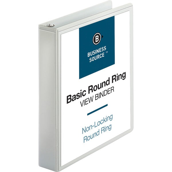 Business Source Round-ring View Binder - 1 1/2" (38.10 mm) Binder Capacity - Letter - 8 1/2" (215.90 mm) x 11" (279.40 mm) Sheet Size - 350 Sheet Capacity - Fastener(s): Round Ring - Pocket(s): 2, Internal - Polypropylene, Chipboard - White - Wrinkle-free