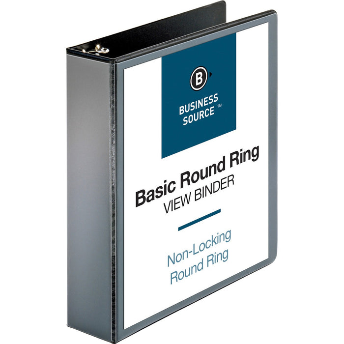 Business Source Round-ring View Binder - 2" (50.80 mm) Binder Capacity - Letter - 8 1/2" (215.90 mm) x 11" (279.40 mm) Sheet Size - 475 Sheet Capacity - Fastener: Round Ring - Pocket: 2, Internal - Polypropylene, Chipboard - Black - Wrinkle-free, Gap-free