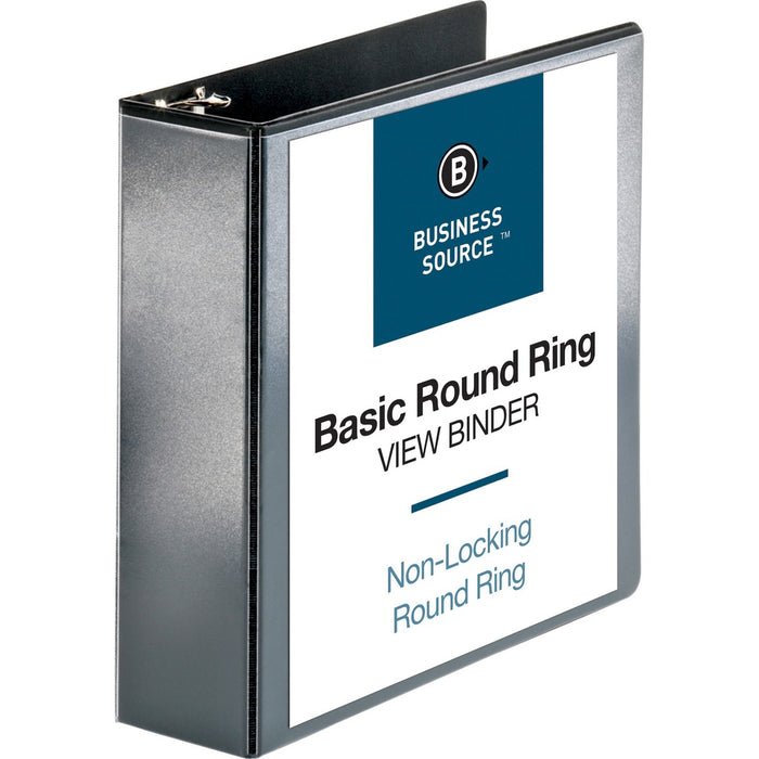 Business Source Round-ring View Binder - 3" (76.20 mm) Binder Capacity - Letter - 8 1/2" (215.90 mm) x 11" (279.40 mm) Sheet Size - 625 Sheet Capacity - Fastener: Round Ring - Pocket: 2, Internal - Polypropylene - Black - Wrinkle-free, Gap-free Ring, Clea